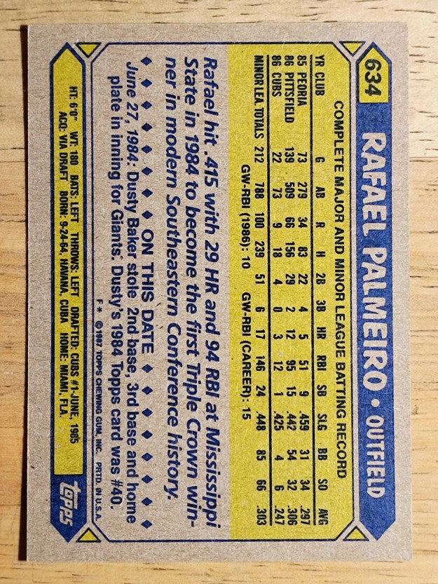 1987 Topps #634 Rafael Palmeiro RC