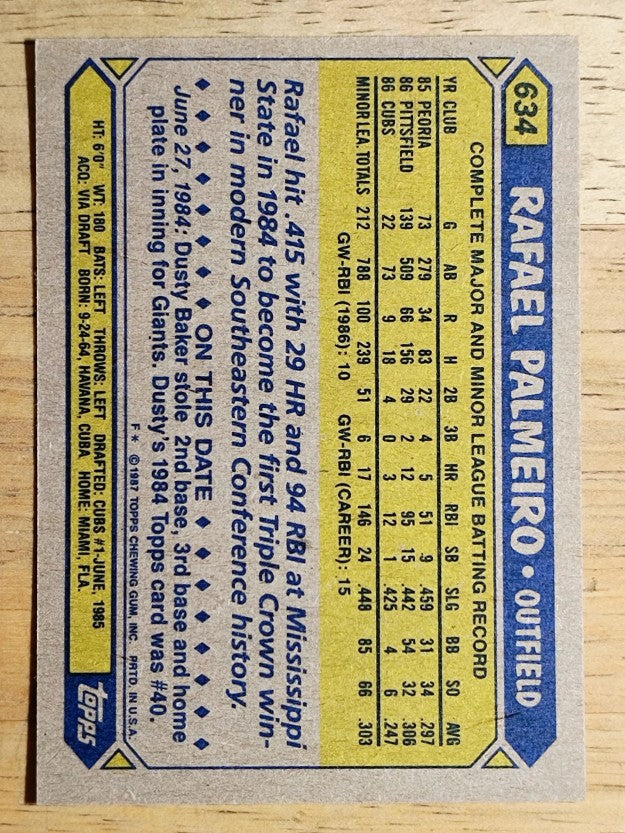 1987 Topps #634 Rafael Palmeiro RC