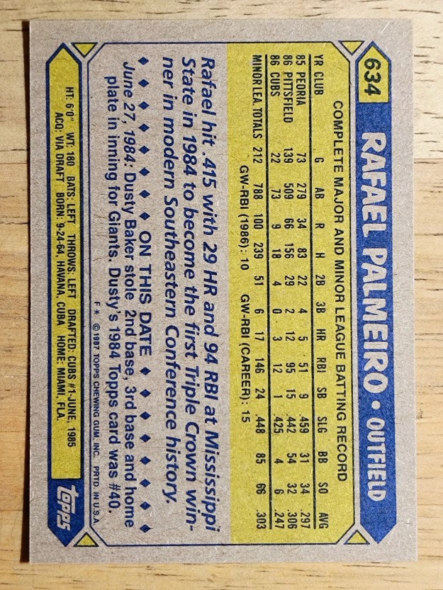 1987 Topps #634 Rafael Palmeiro RC