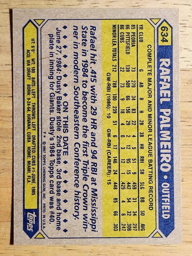 1987 Topps #634 Rafael Palmeiro RC