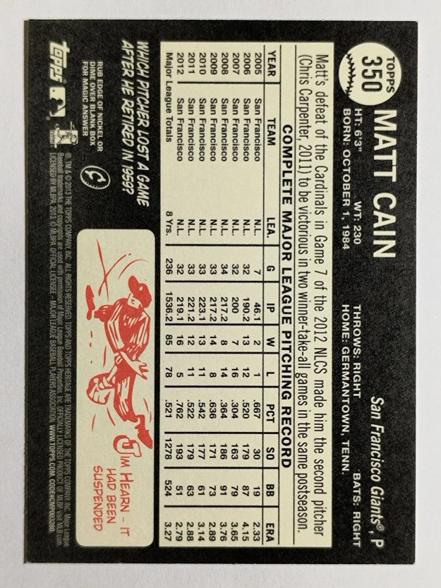 2013 Topps Heritage Black #350 Matt Cain