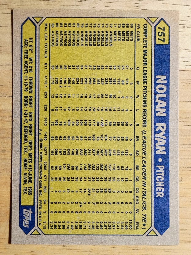 1987 Topps #757 Nolan Ryan