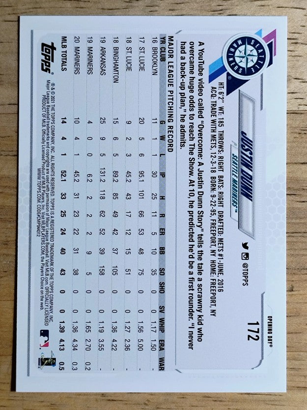 2021 Topps Opening Day #172 Justin Dunn
