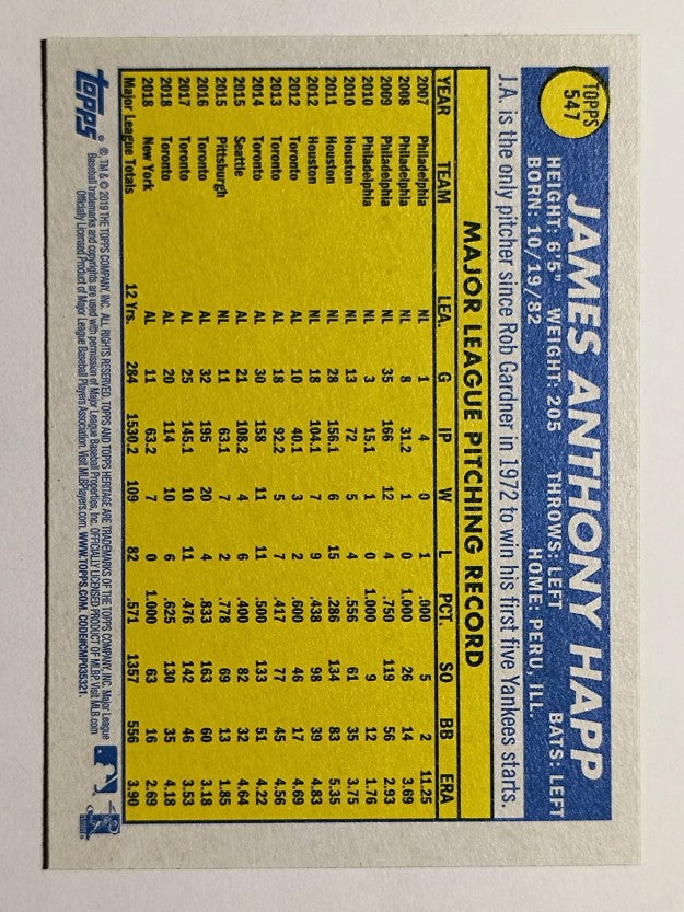 2019 Topps Heritage #547 J.A. Happ