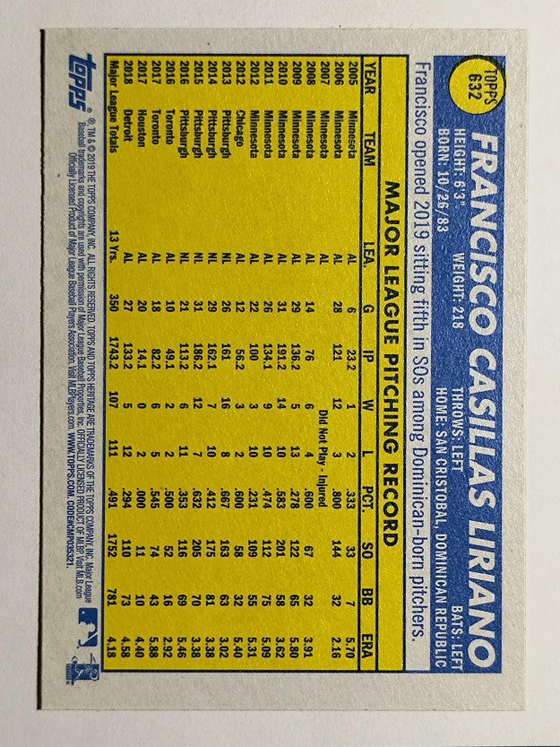 2019 Topps Heritage #632 Francisco Liriano