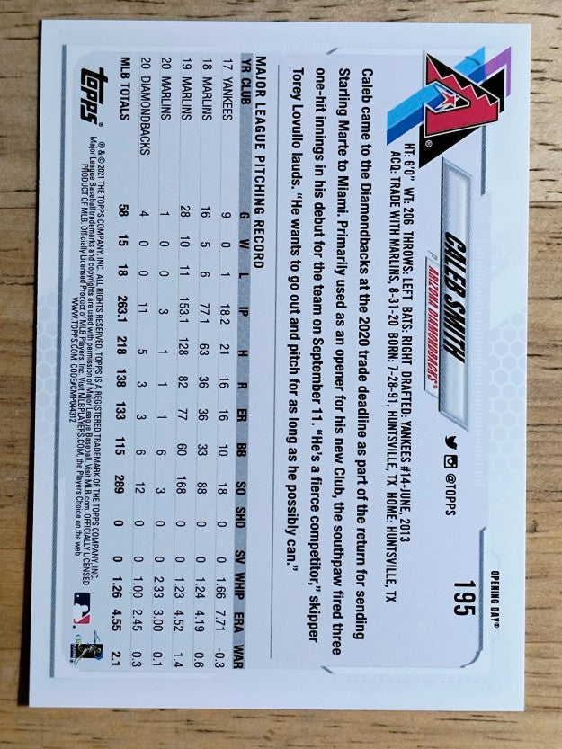2021 Topps Opening Day #195 Caleb Smith