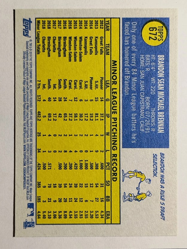2019 Topps Heritage #672 Brandon Brennan RC