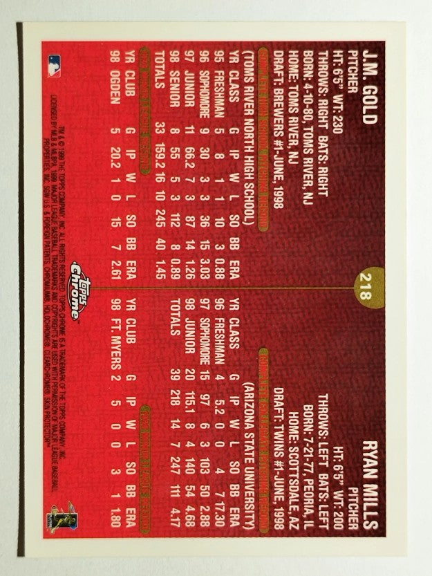 1999 Topps Chrome #218 J.M. Gold/Ryan Mills RC