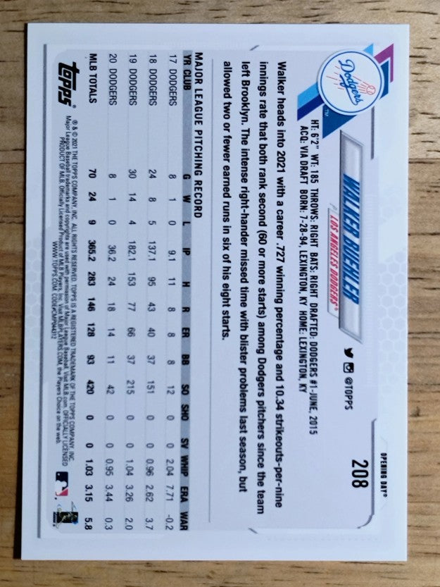 2021 Topps Opening Day #208 Walker Buehler