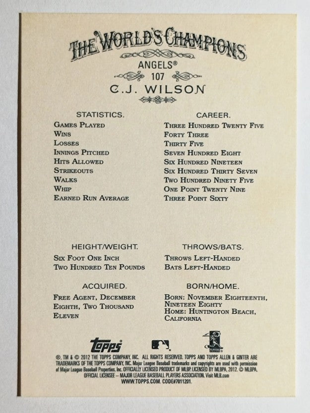 2012 Topps Allen and Ginter #107 C.J. Wilson