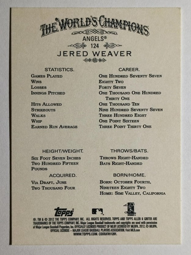 2012 Topps Allen and Ginter #124 Jered Weaver