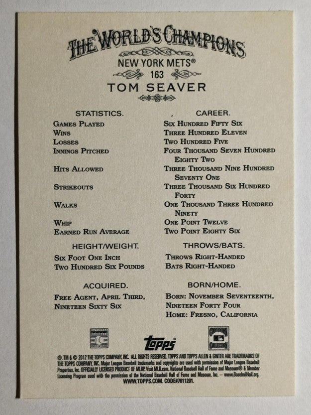 2012 Topps Allen and Ginter #163 Tom Seaver