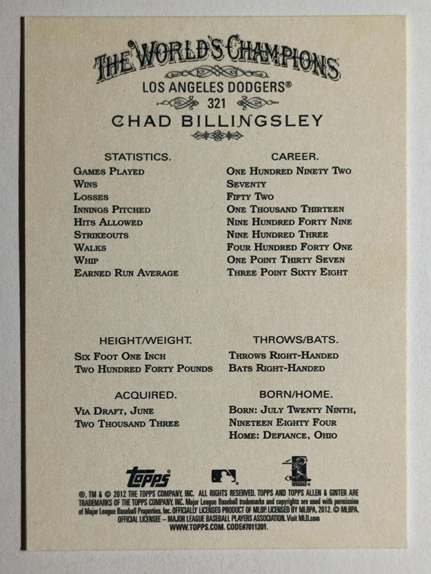 2012 Topps Allen and Ginter #321 Chad Billingsley SP (EX)