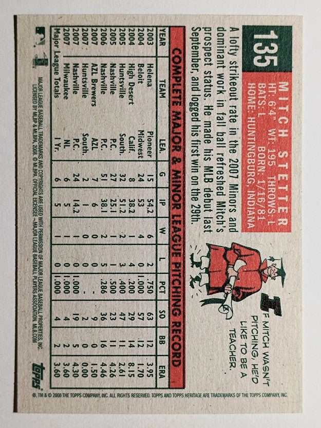 2008 Topps Heritage #135 Mitch Stetter GB SP RC