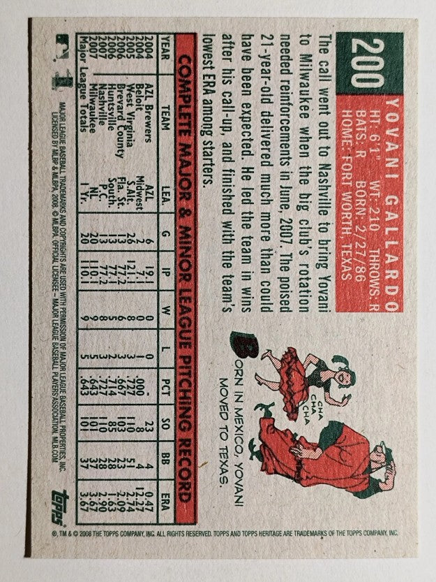 2008 Topps Heritage #200 Yovani Gallardo