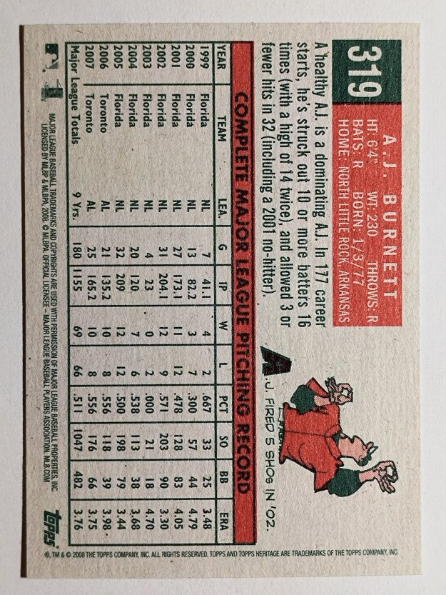2008 Topps Heritage #319 A.J. Burnett