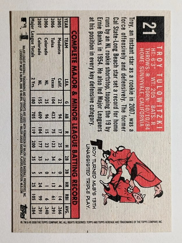 2008 Topps Heritage Black Back #21 Troy Tulowitzki