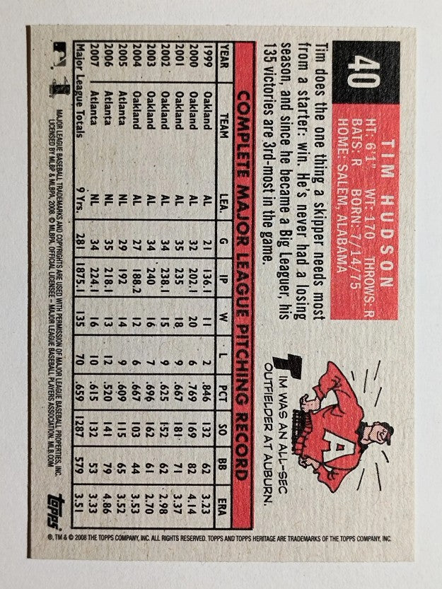 2008 Topps Heritage Black Back #40 Tim Hudson