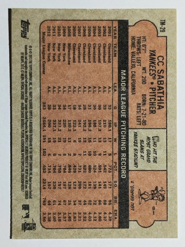 2013 Topps '72 Topps Minis #TM29 CC Sabathia