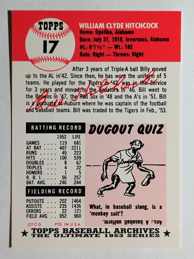 1991 Topps Archives '53 #17 Billy Hitchcock
