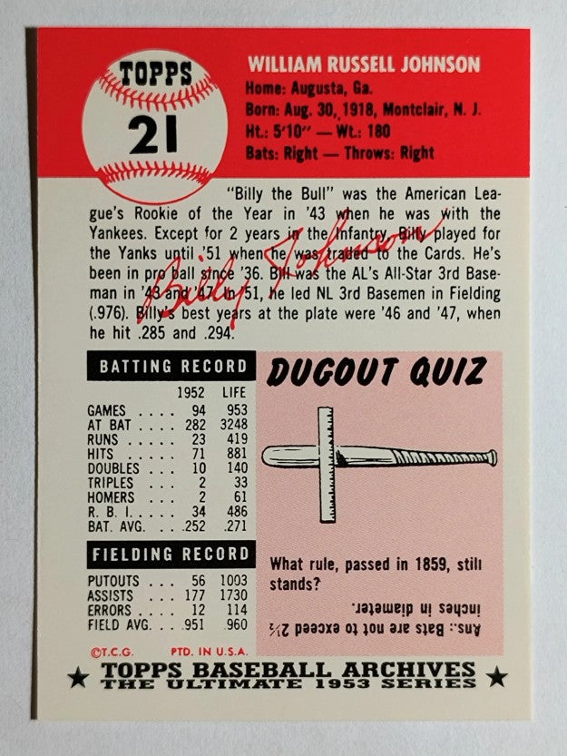 1991 Topps Archives '53 #21 Billy Johnson