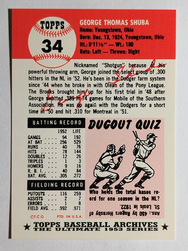 1991 Topps Archives '53 #34 George Shuba