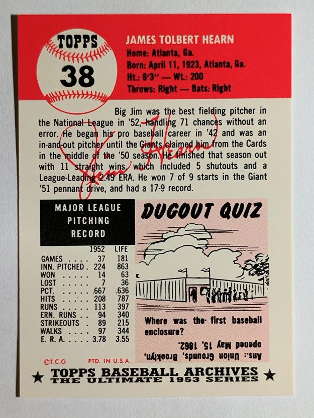 1991 Topps Archives '53 #38 Jim Hearn