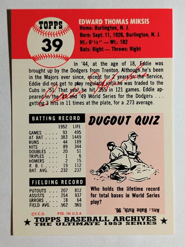1991 Topps Archives '53 #39 Eddie Miksis