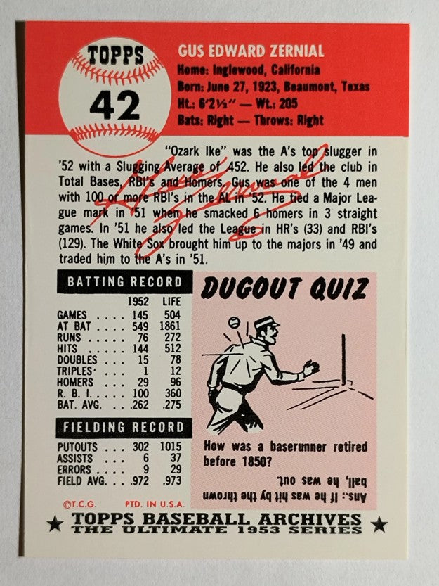 1991 Topps Archives '53 #42 Gus Zernial