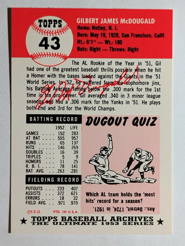 1991 Topps Archives '53 #43 Gil McDougald