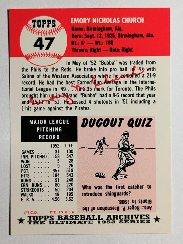 1991 Topps Archives '53 #47 Bubba Church