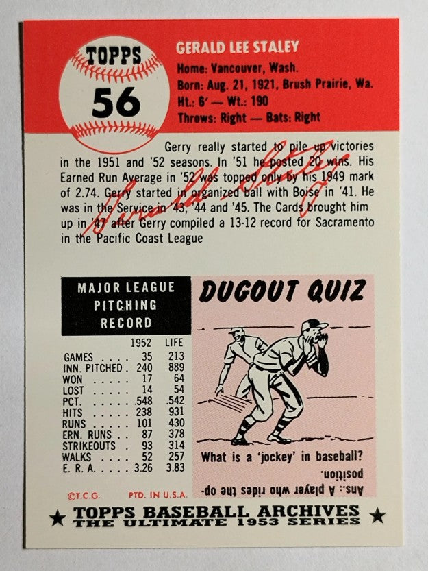 1991 Topps Archives '53 #56 Gerry Staley
