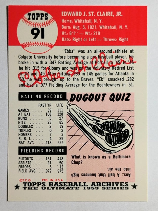 1991 Topps Archives '53 #91 Ebba St.Claire