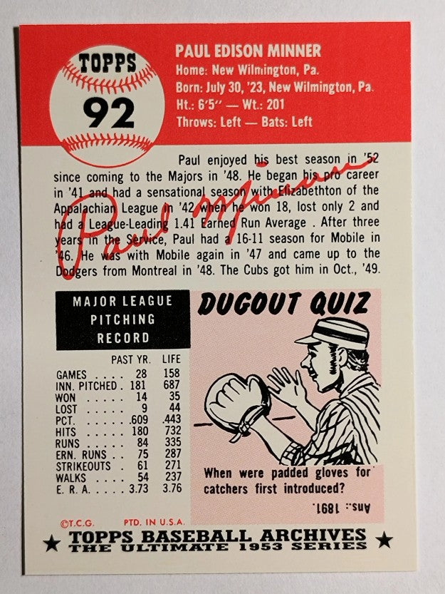 1991 Topps Archives '53 #92 Paul Minner