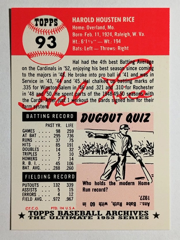 1991 Topps Archives '53 #93 Hal Rice