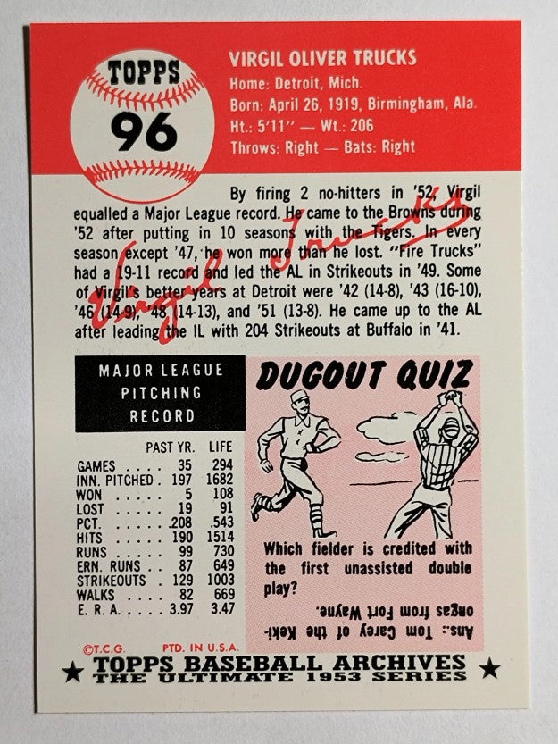 1991 Topps Archives '53 #96 Virgil Trucks
