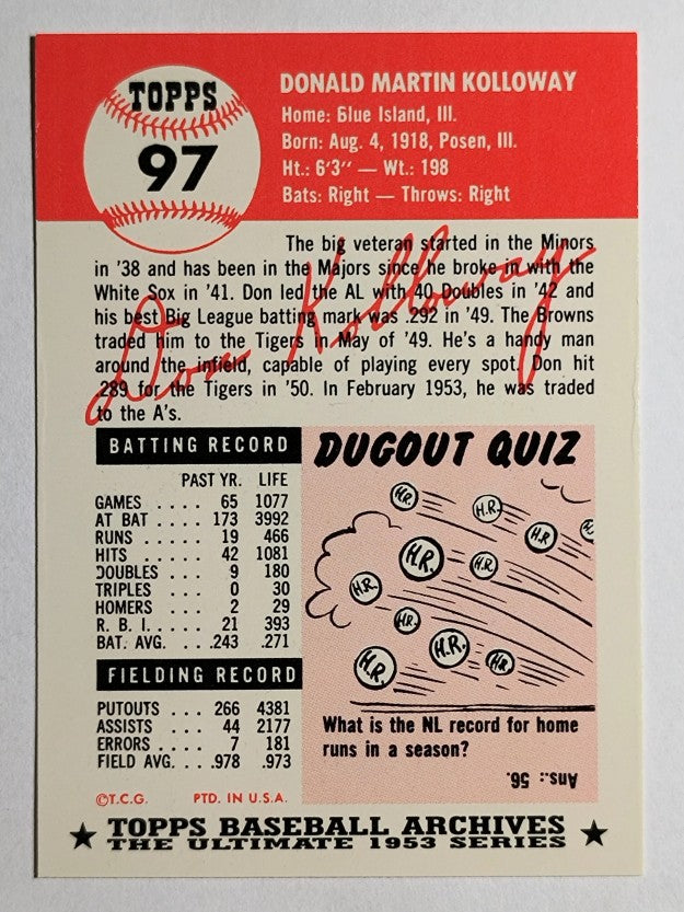 1991 Topps Archives '53 #97 Don Kolloway