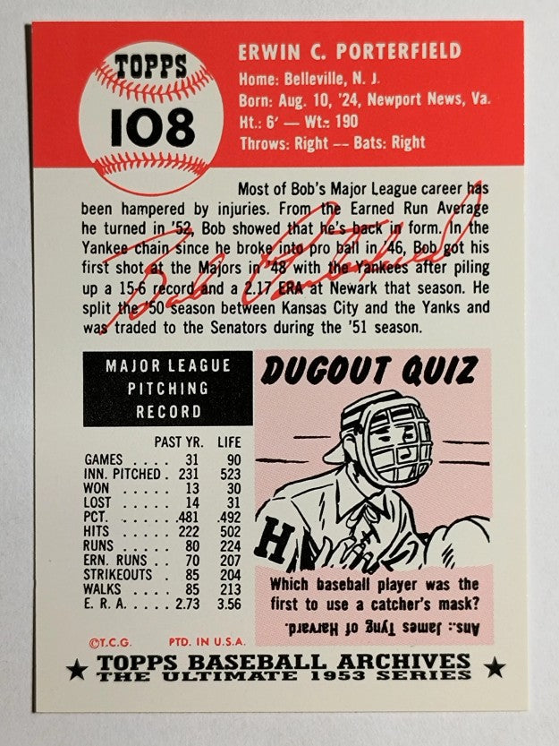 1991 Topps Archives '53 #108 Bob Porterfield