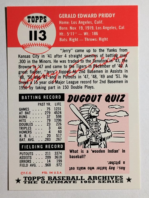 1991 Topps Archives '53 #113 Jerry Priddy