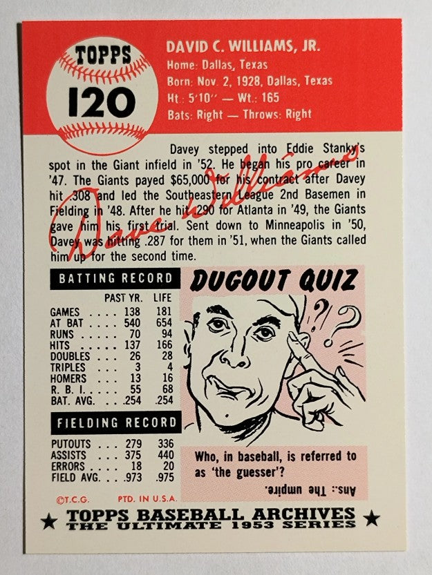 1991 Topps Archives '53 #120 Davey Williams