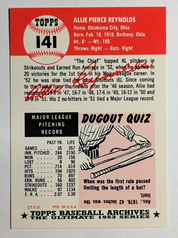 1991 Topps Archives '53 #141 Allie Reynolds