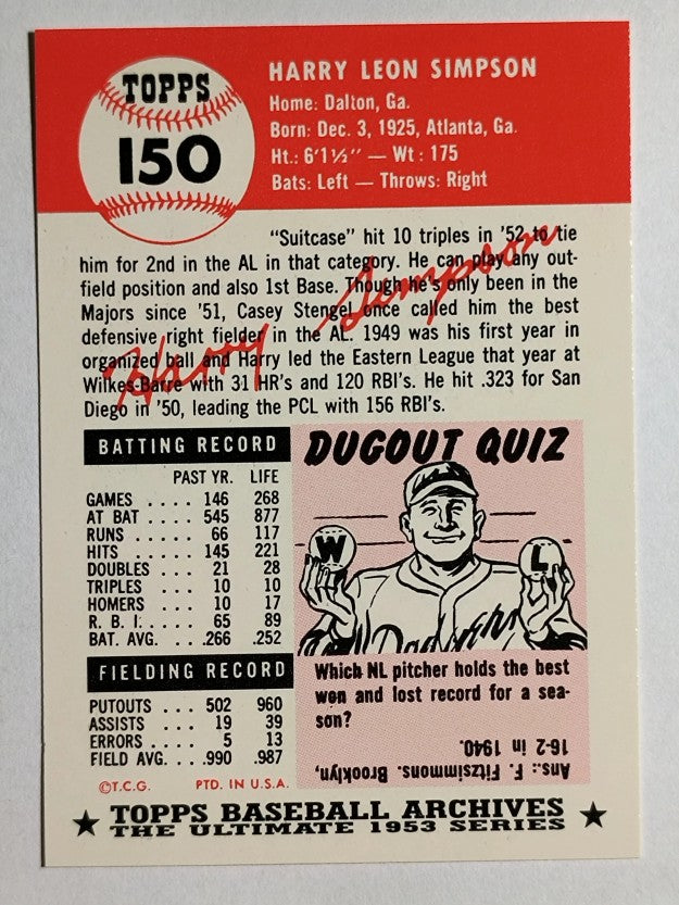 1991 Topps Archives '53 #150 Harry Simpson