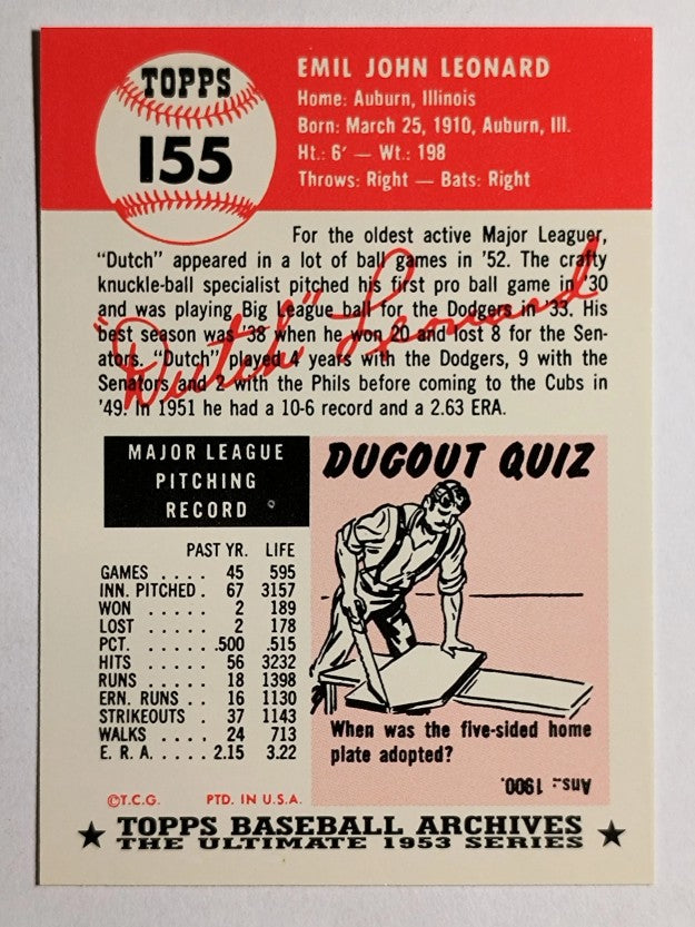 1991 Topps Archives '53 #155 Dutch Leonard