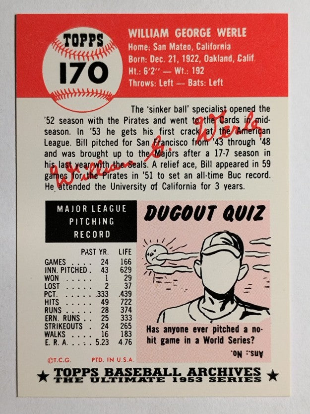 1991 Topps Archives '53 #170 Bill Werle