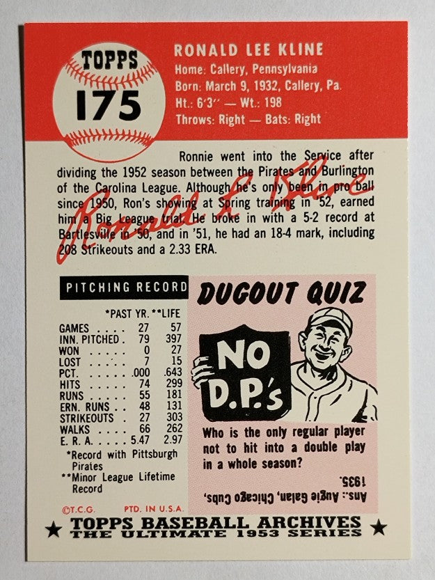 1991 Topps Archives '53 #175 Ron Kline