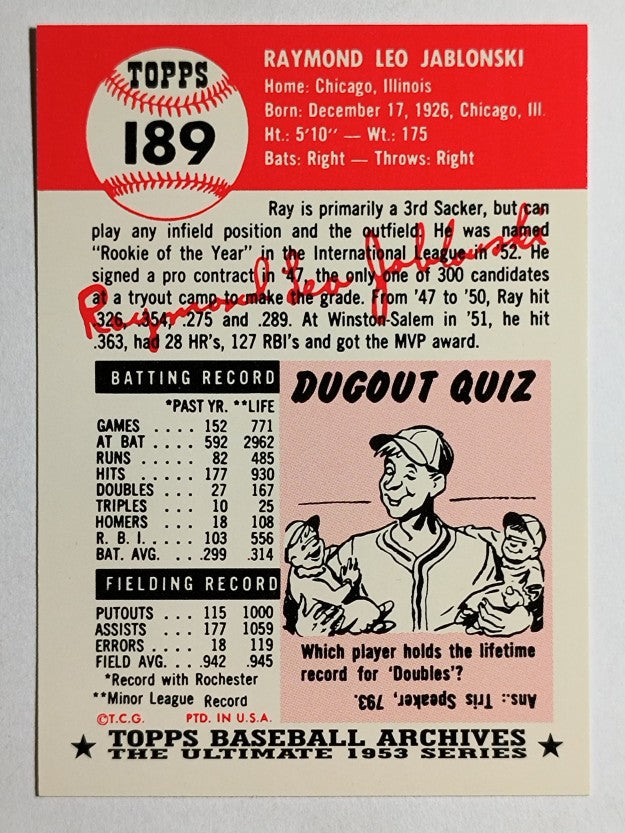 1991 Topps Archives '53 #189 Ray Jablonski