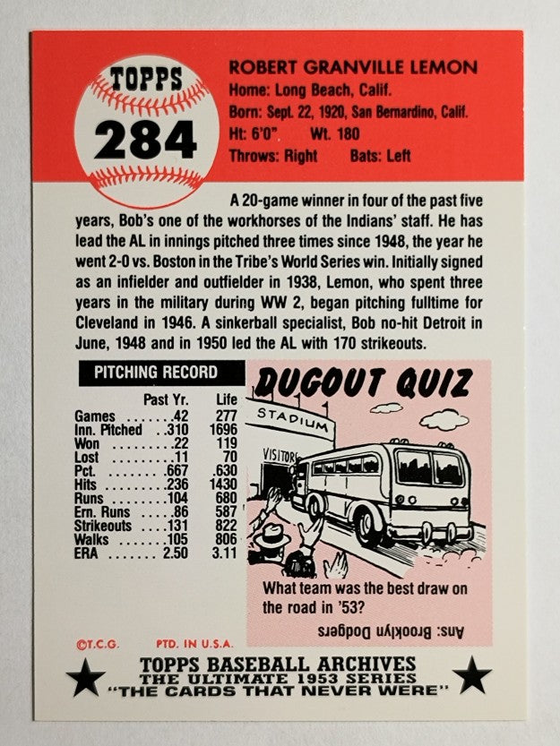 1991 Topps Archives '53 #284 Bob Lemon