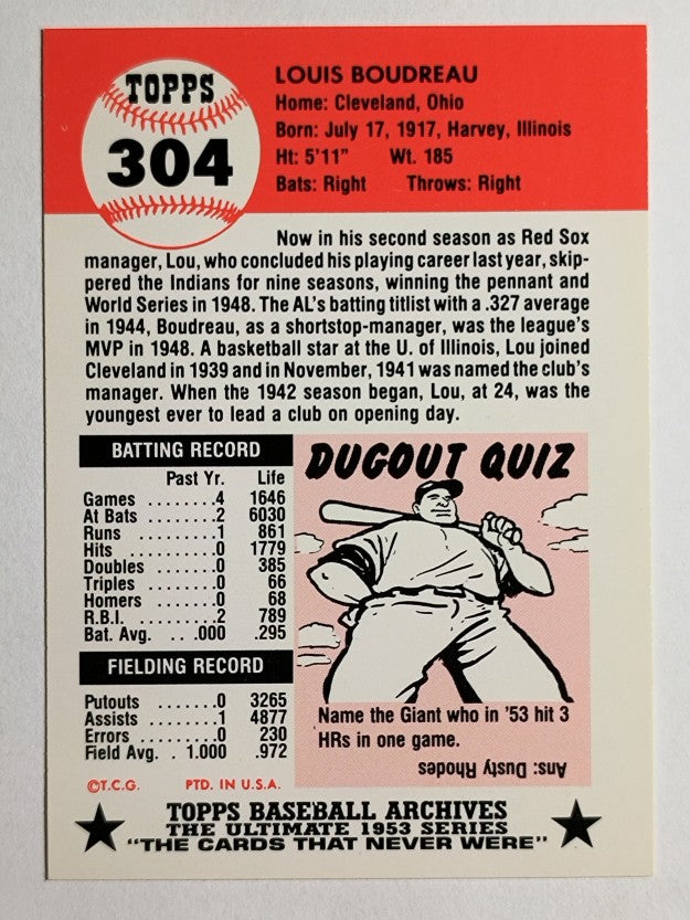 1991 Topps Archives '53 #304 Lou Boudreau MG