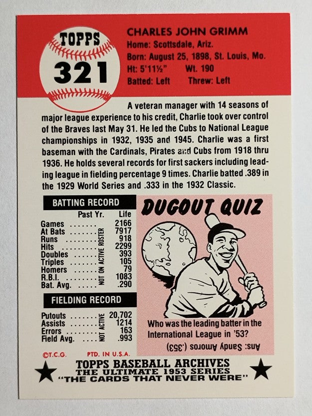1991 Topps Archives '53 #321 Charlie Grimm MG