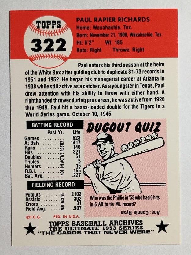 1991 Topps Archives '53 #322 Paul Richards MG